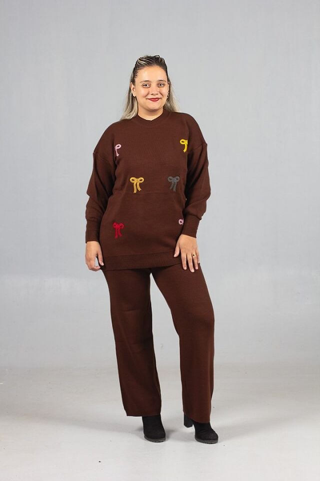 Kahverengi Triko Pantolon Kazak Takım