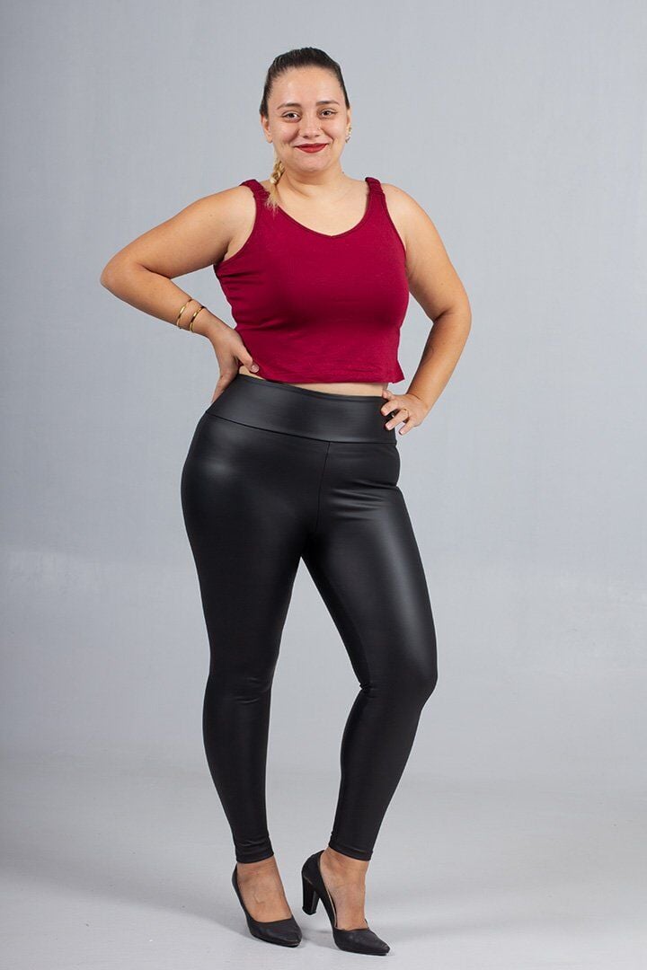 Büyük Beden Deri Görünümlü Yüksek Bel Tayt – İçi Süet Siyah Renk