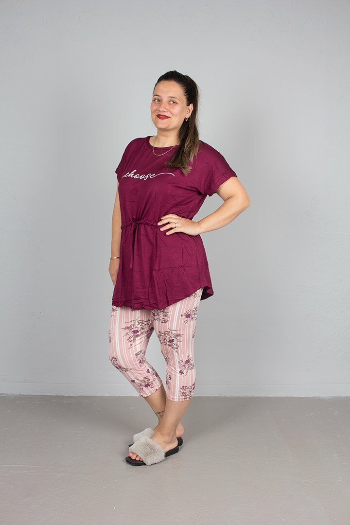 Büyük beden Kapri üst Belden Büzgülü Pijama Takım