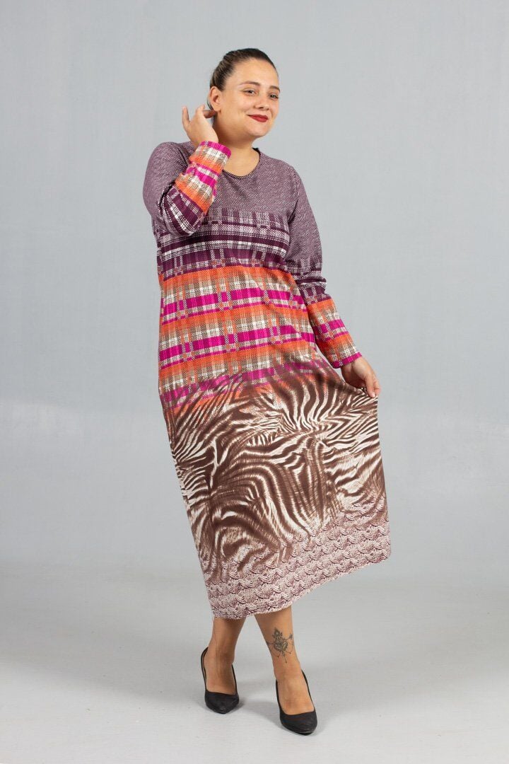 Desenli Pamuklu Kalın Penye Büyük Beden Elbise Modelleri