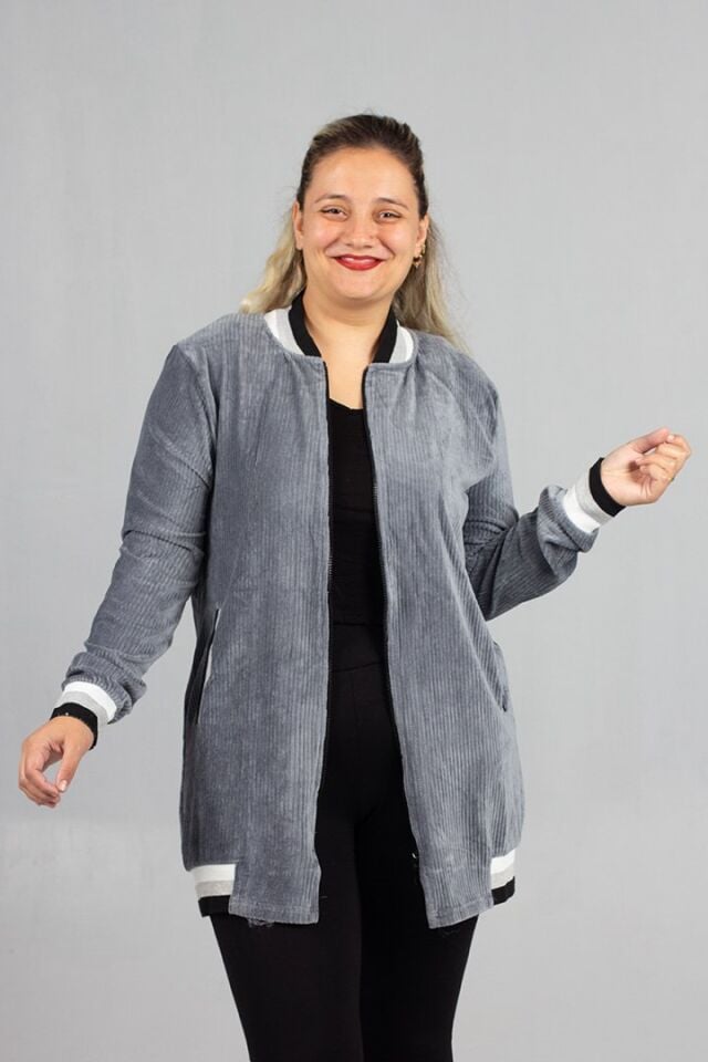 Kadife Kolej Mont Gri Fitilli Kadife Oversize Kolej Ceket