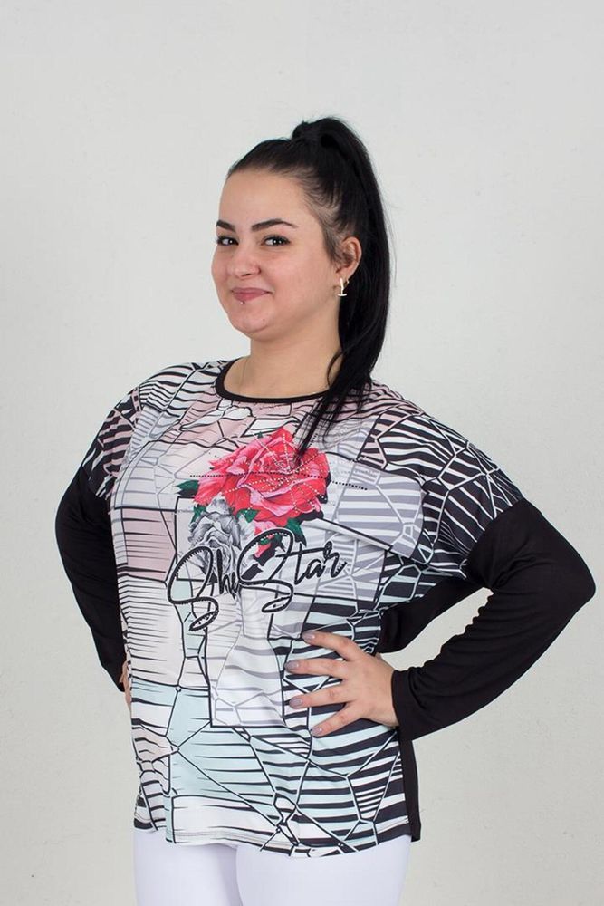 Büyük Beden Desenli Taşlı Uzun Kollu Bluz Renkli B067