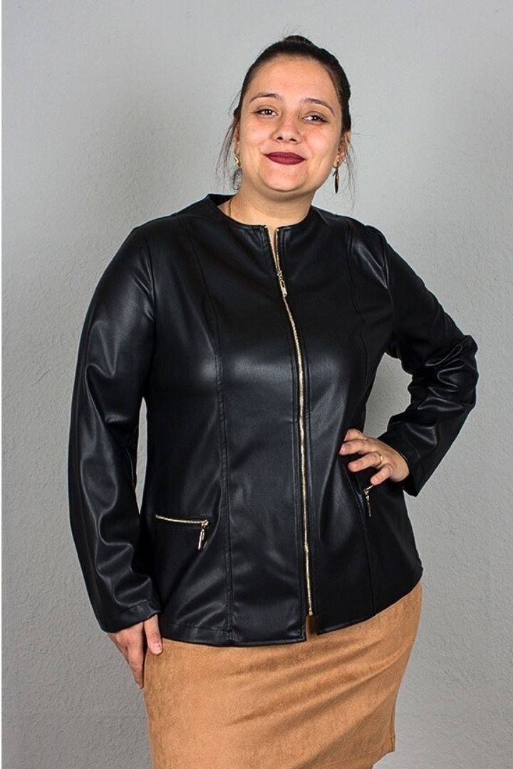 Büyük Beden Likralı Suni Deri İçi Süet Mont Siyah