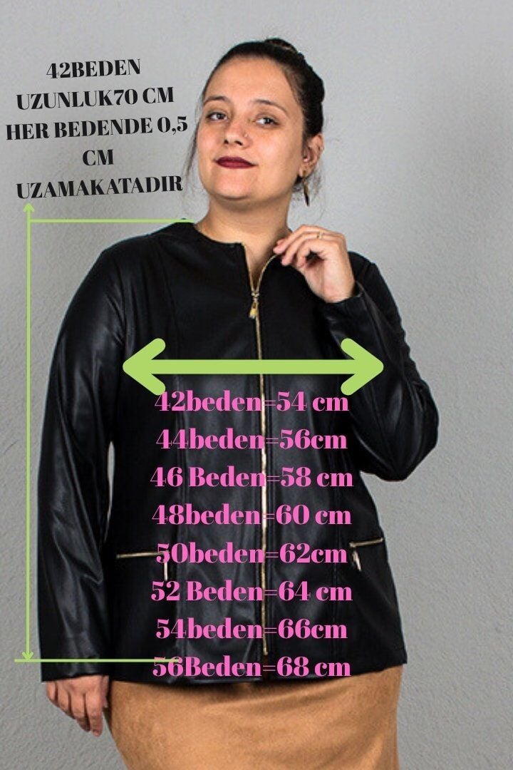 Büyük Beden Likralı Suni Deri İçi Süet Mont Siyah