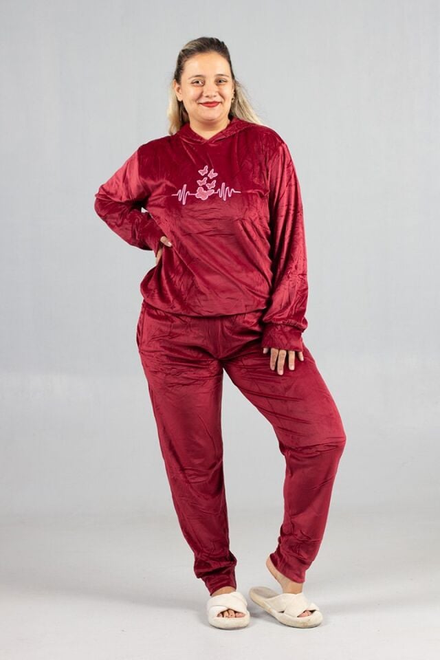 Büyük Beden Bordo Kadife Kapüşonlu Takım