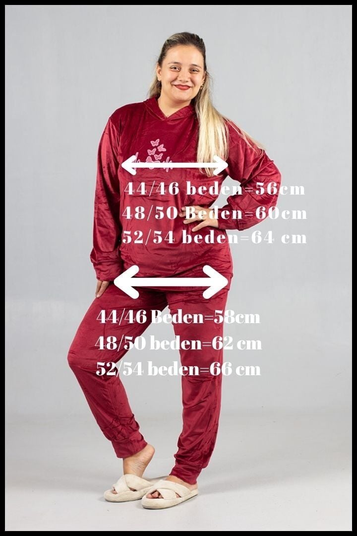 Büyük Beden Bordo Kadife Kapüşonlu Takım