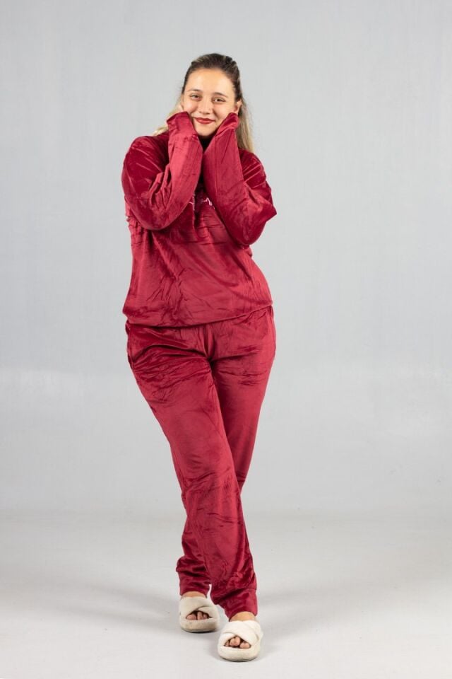 Büyük Beden Bordo Kadife Kapüşonlu Takım