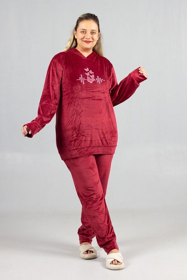 Büyük Beden Bordo Kadife Kapüşonlu Takım