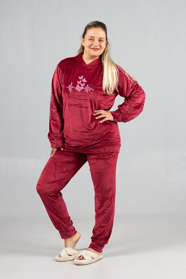 Büyük Beden Bordo Kadife Kapüşonlu Takım