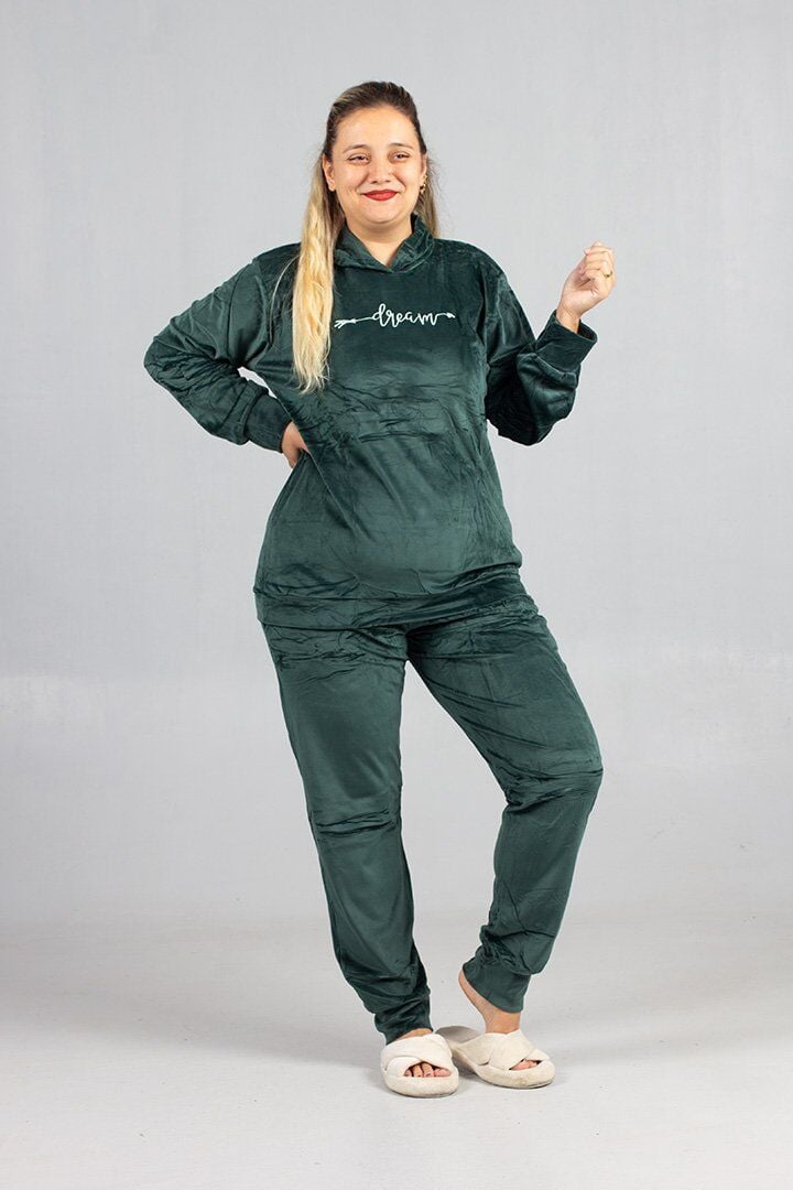 Büyük Beden Yeşil Kadife Kapüşonlu Takım