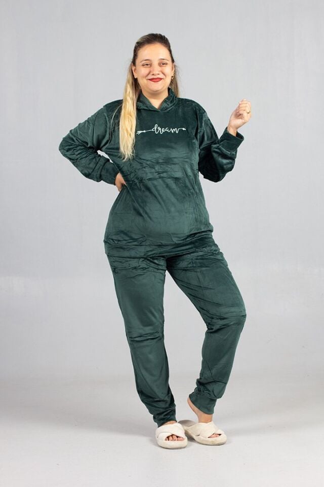 Büyük Beden Yeşil Kadife Kapüşonlu Takım