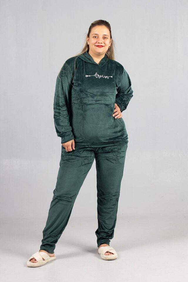 Büyük Beden Yeşil Kadife Kapüşonlu Takım