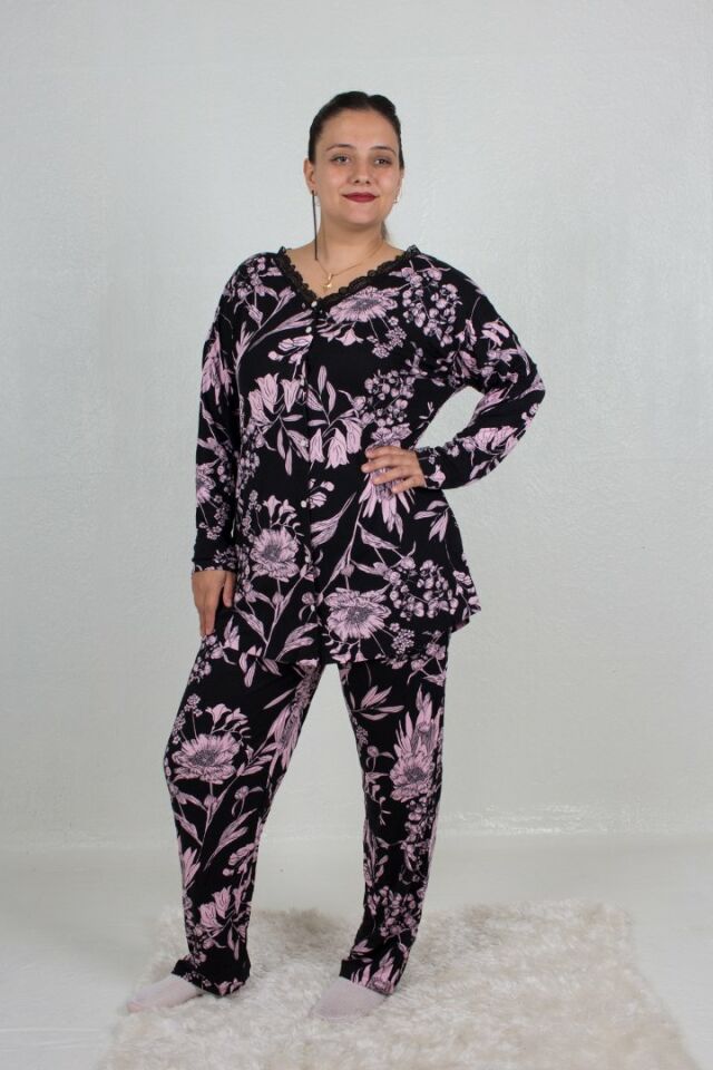 Büyük Beden Pijama Takım Düğmeli Desenli Pijama Takım