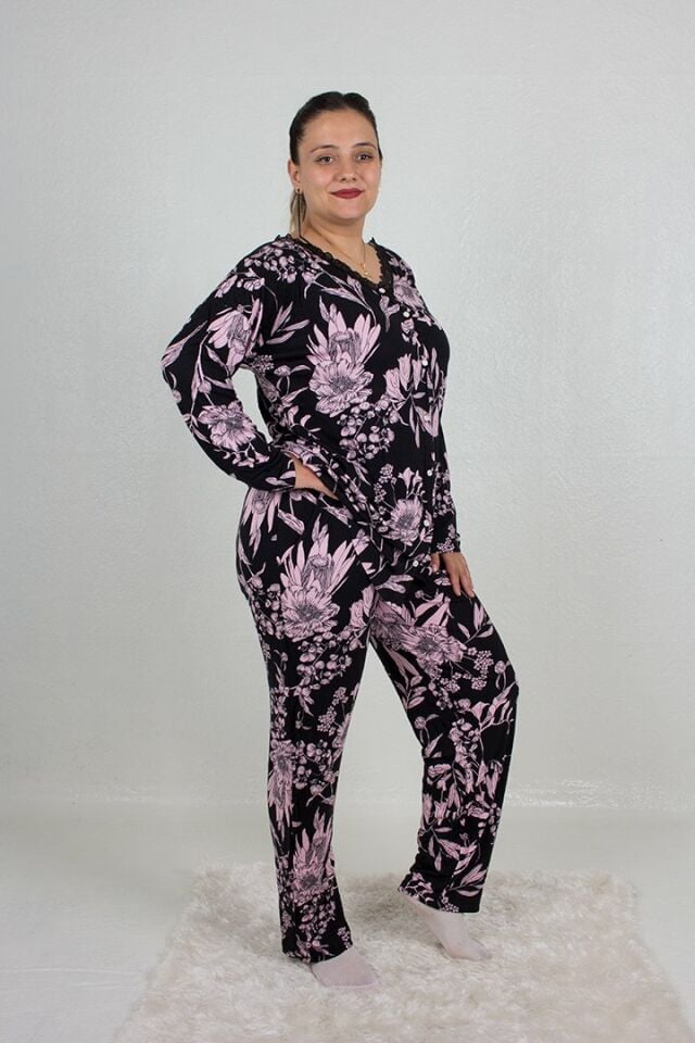Büyük Beden Pijama Takım Düğmeli Desenli Pijama Takım