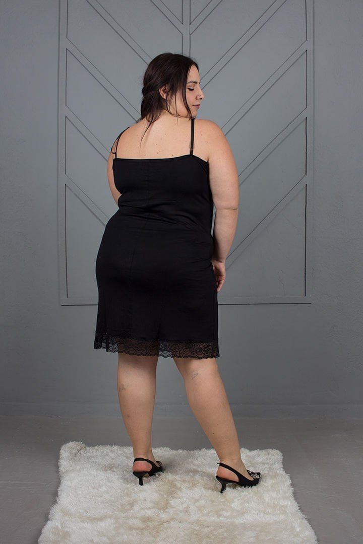 Büyük Beden Kadın Giyim Sabahlıklı Puantiyeli Gecelik Siyah