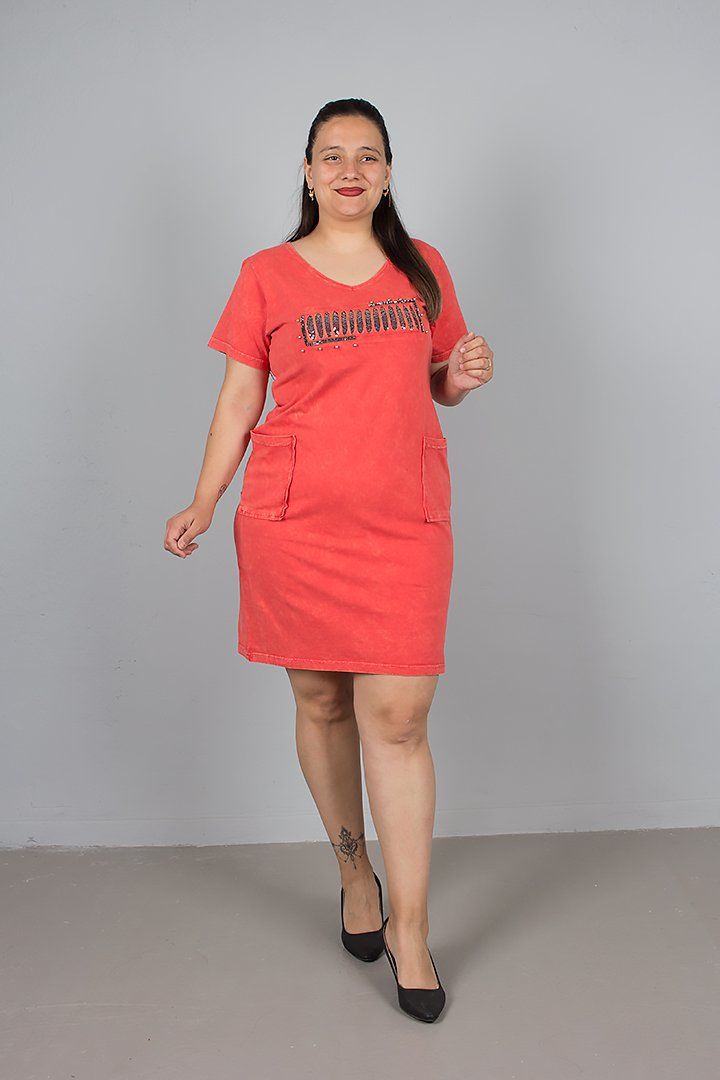 Büyük Beden Yıkamalı Pamuklu Önü Yırtık Detaylı Elbise