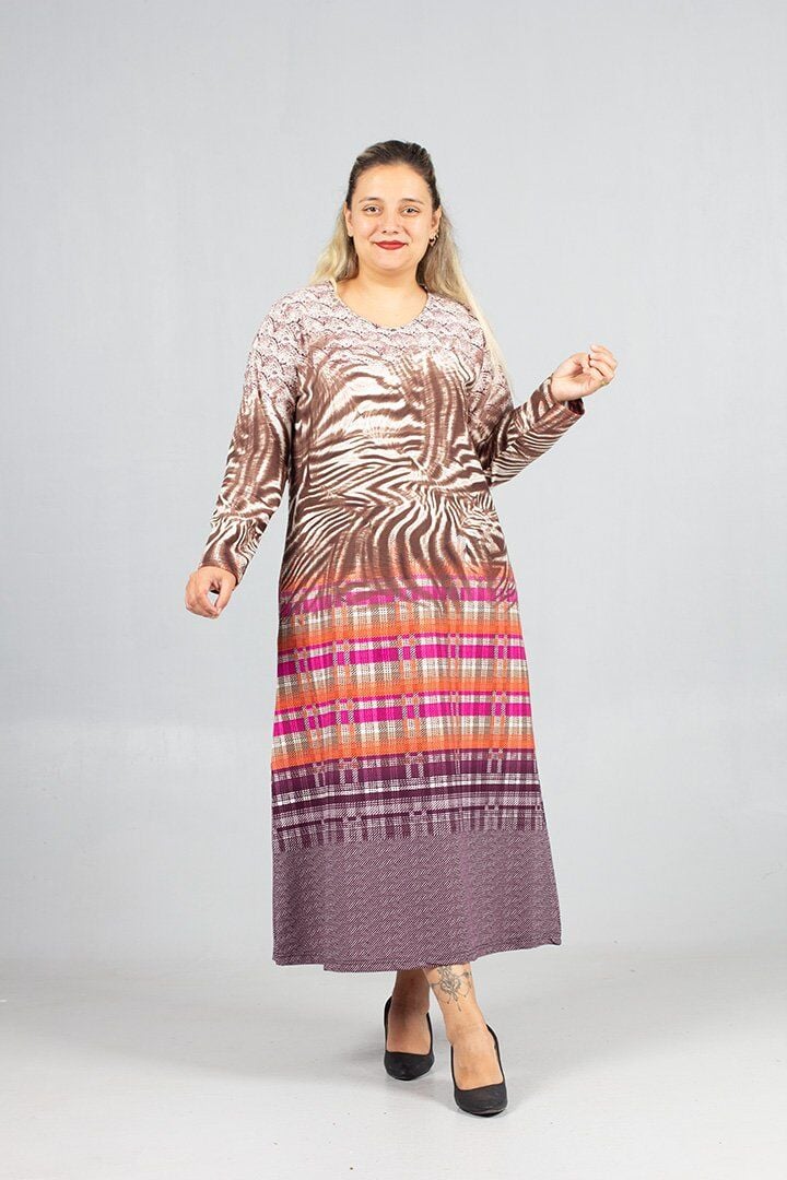 Sıcak Tutan Kalın Penye Büyük Beden Desenli Elbise Kışlık Rahat Şık