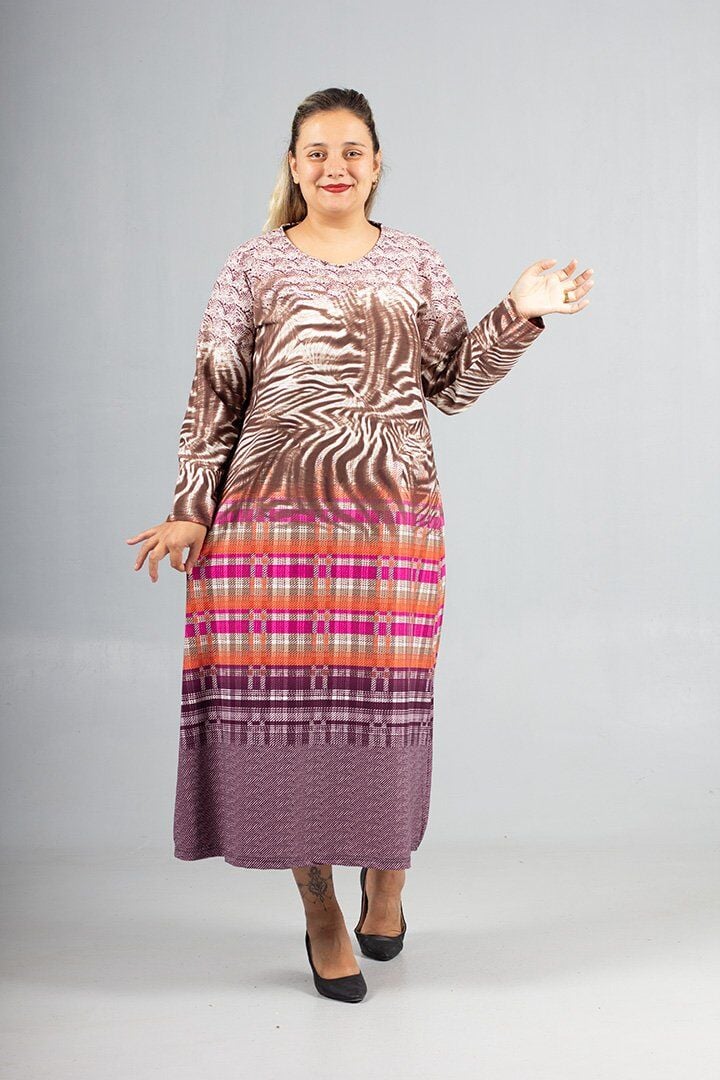 Sıcak Tutan Kalın Penye Büyük Beden Desenli Elbise Kışlık Rahat Şık