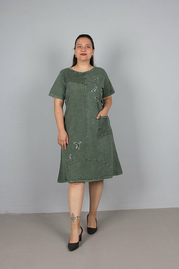 Büyük Beden Yıkamalı Pamuklu Lacivert Elbise – Kelebek Taş Baskılı