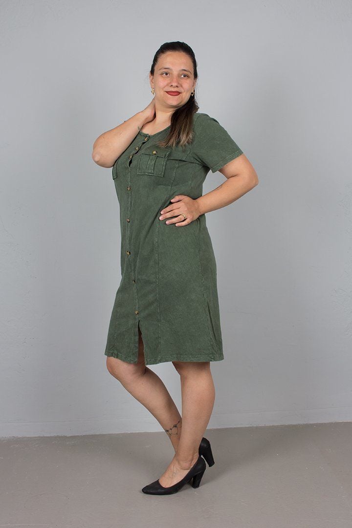 Büyük Beden Haki Ön Düğmeli Yıkamalı Elbise