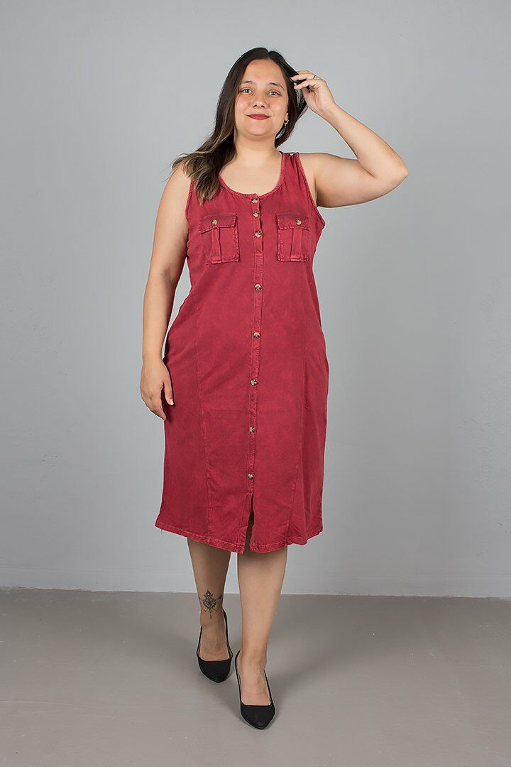 Büyük Beden Kolsuz Düğmeli Pamuklu Kırmızı Elbise