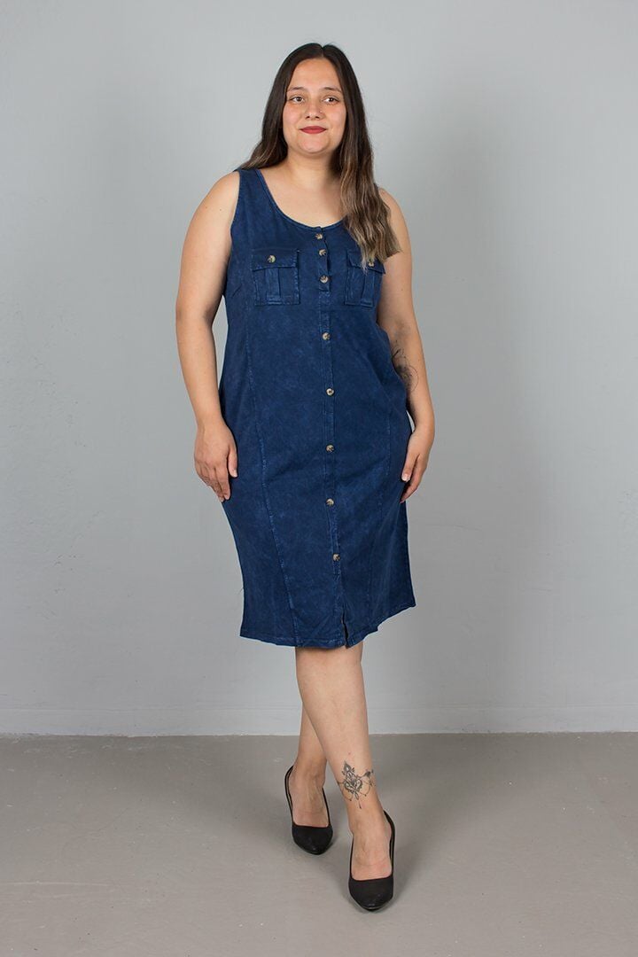 Büyük Beden Kolsuz Düğmeli Pamuklu Lacivert Elbise
