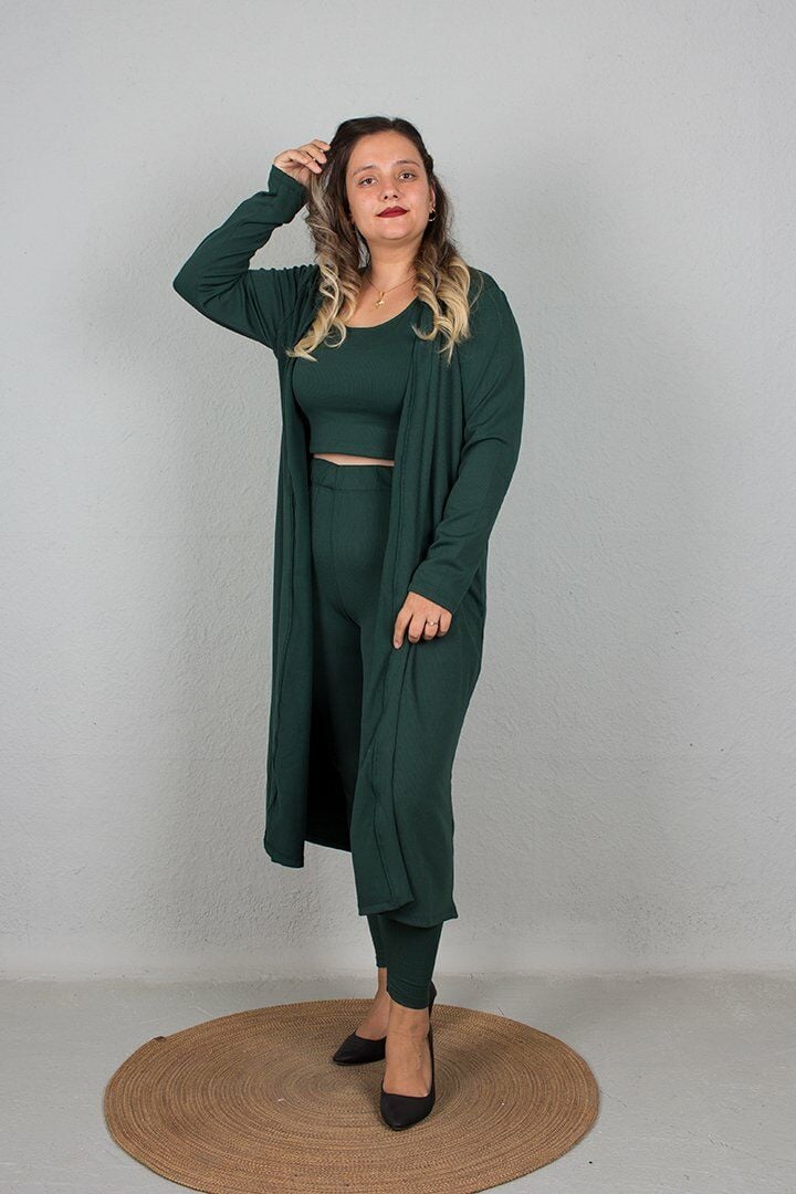 Büyük Beden 3lü Takım Tayt Krop Hırka Renkli