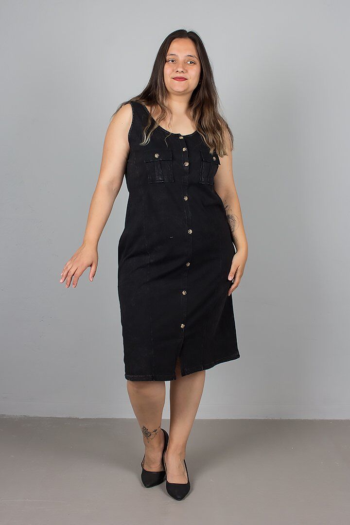 Büyük Beden Siyah Kolsuz  Düğmeli Yıkamalı Pamuklu Elbise