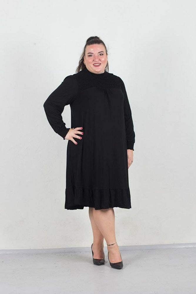 Büyük Beden Uzun Kollu Pileli Penye Elbise Siyah Elb599