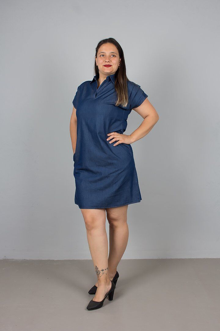 Büyük Beden Gömlek Yaka İnce Kot Elbise | Diz Boyu Yazlık Denim Elbise 44-52 Beden