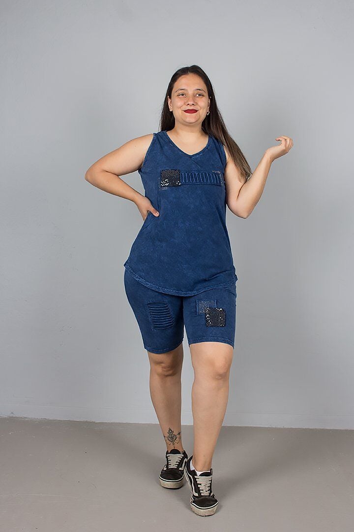 Büyük Beden Yıkamalı Şortlu Pamuk Penye Alt Üst Takım