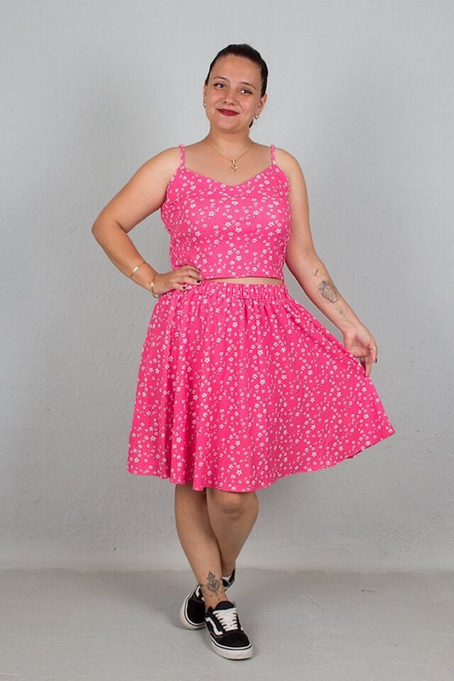 Büyük Beden Askılı Sırt Lastikli Crop Etek Pembe Takım