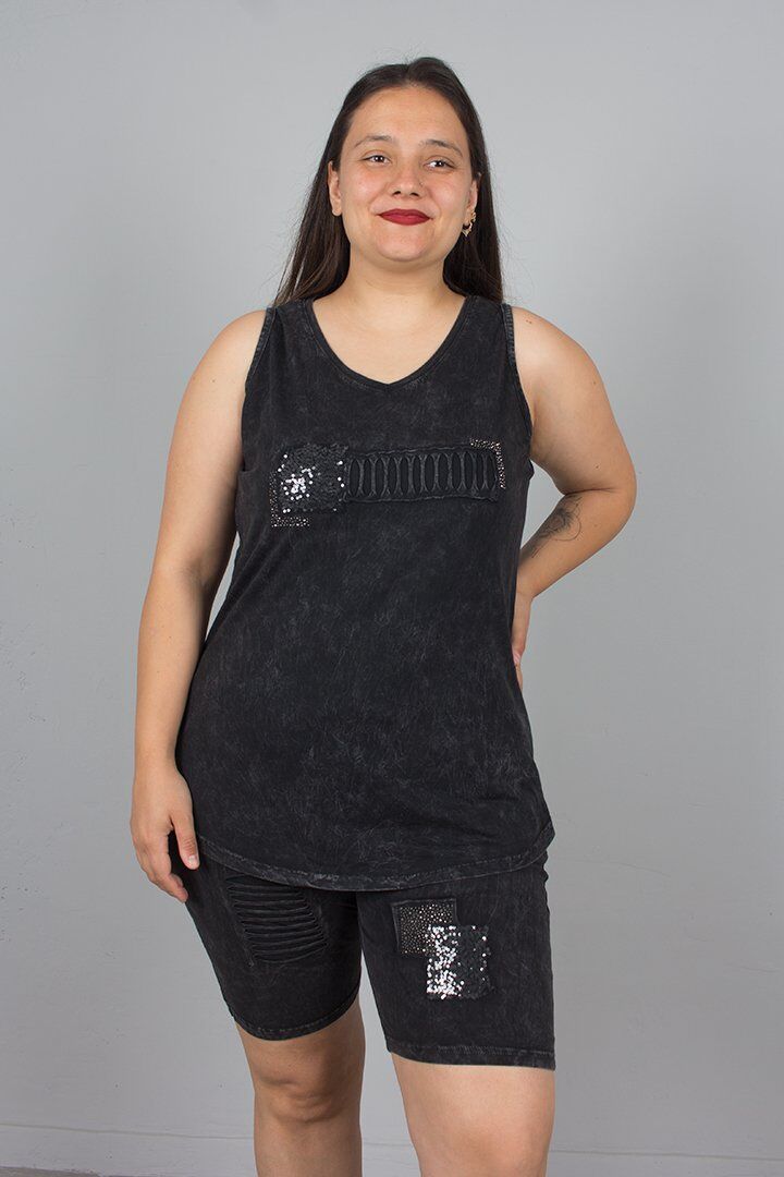 Büyük Beden Yıkamalı Şortlu Pamuk Penye Alt Üst Takım