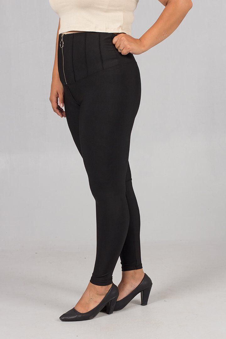 Büyük Beden Toparlayıcı Ön Fermuarlı Çelik Penye Siyah Tayt