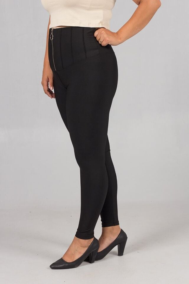 Büyük Beden Toparlayıcı Ön Fermuarlı Çelik Penye Siyah Tayt