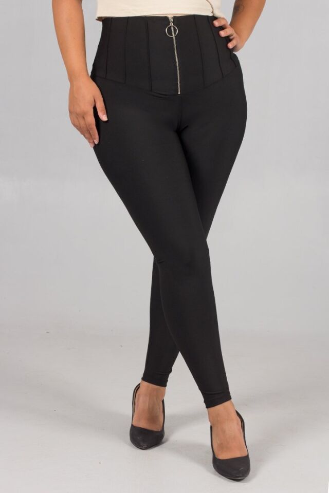 Büyük Beden Toparlayıcı Ön Fermuarlı Çelik Penye Siyah Tayt