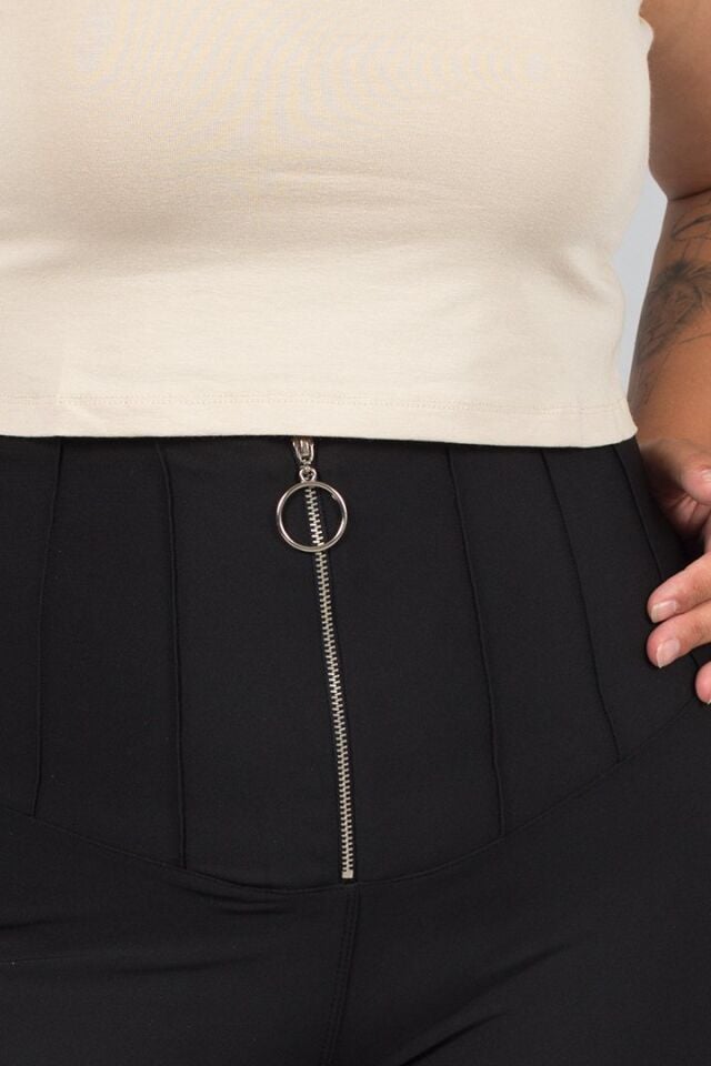 Büyük Beden Toparlayıcı Ön Fermuarlı Çelik Penye Siyah Tayt