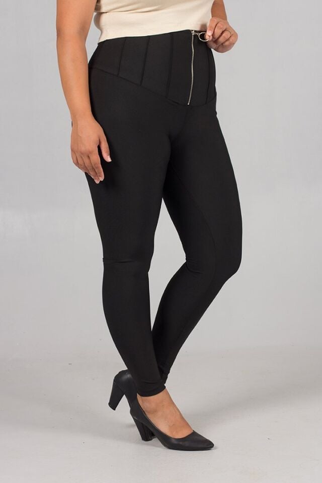 Büyük Beden Toparlayıcı Ön Fermuarlı Çelik Penye Siyah Tayt