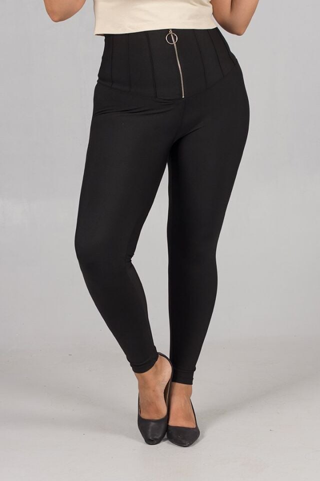 Büyük Beden Toparlayıcı Ön Fermuarlı Çelik Penye Siyah Tayt