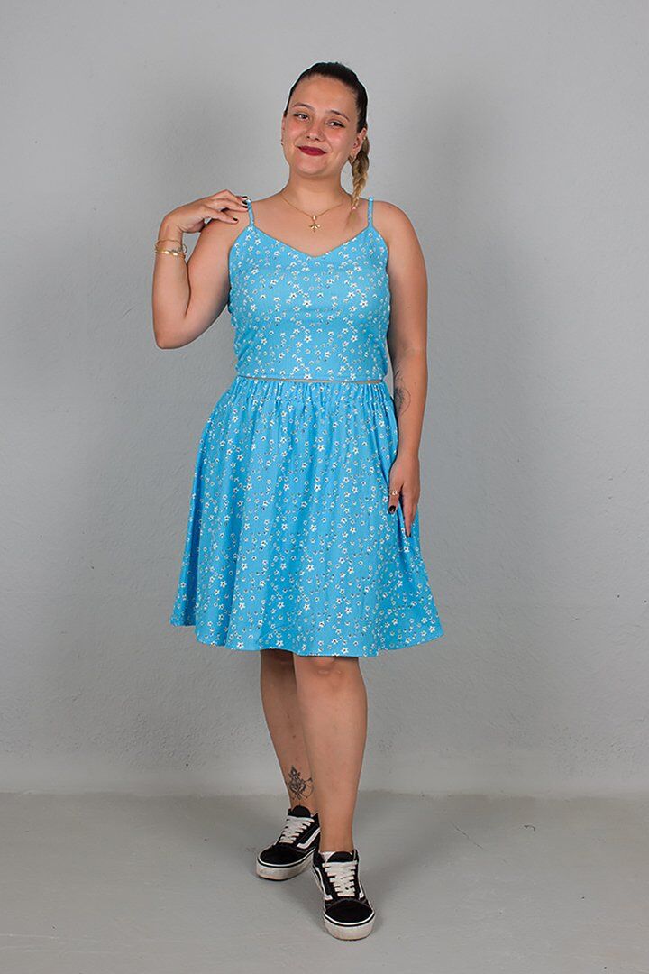 Askılı Crop Üst Etek Mavi İkili Takım Büyük Beden Şıklığı ve Rahatlığı