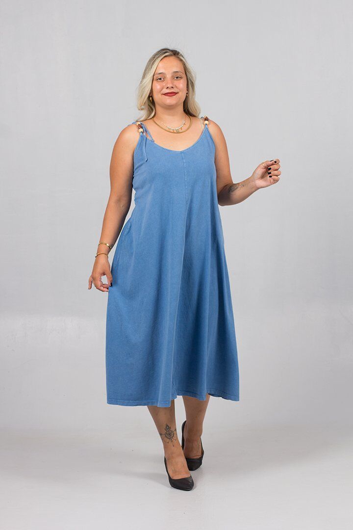 Askılı Bağlamalı Yıkamalı Pamuklu Elbise – Büyük Beden 42-48 Arası
