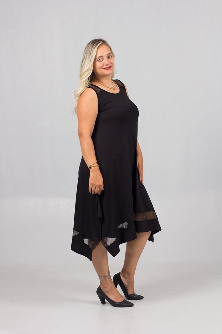 Omuz File Detaylı Belden Oturtmalı Kloş Elbise – File Etek Ucu, Büyük Beden Şık Elbise