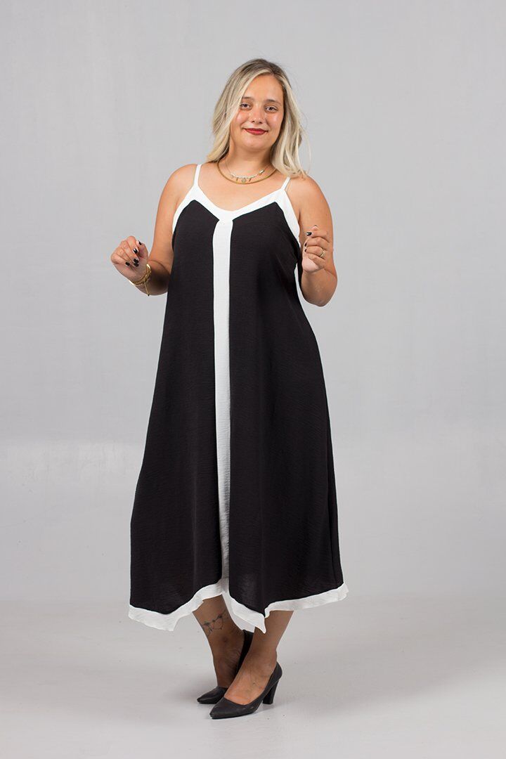 Büyük Beden Ayarlanabilir Askılı Siyah Beyaz Çizgili Krep Elbise