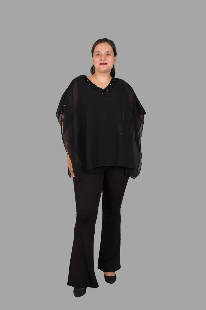 Büyük Beden Yaka Pullu Tül Pelerin Bluz Siyah