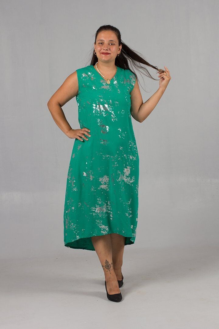 Büyük Beden Yeşil Yaldızlı Pamuk Kolsuz Elbise