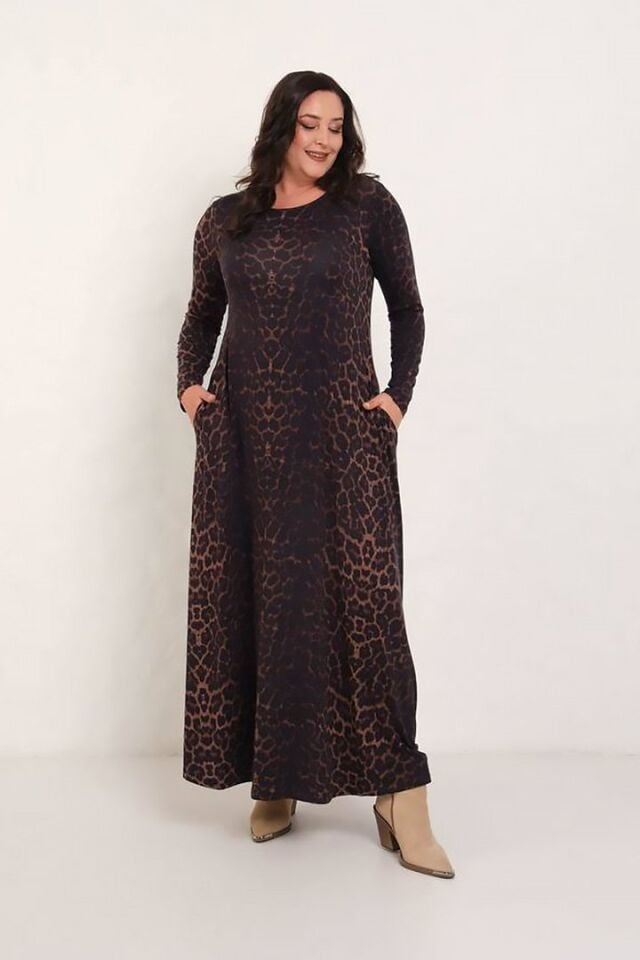 Kadın Leopar Desen Trend Maxi Elbise - Likralı Pamuklu Uzun Kollu