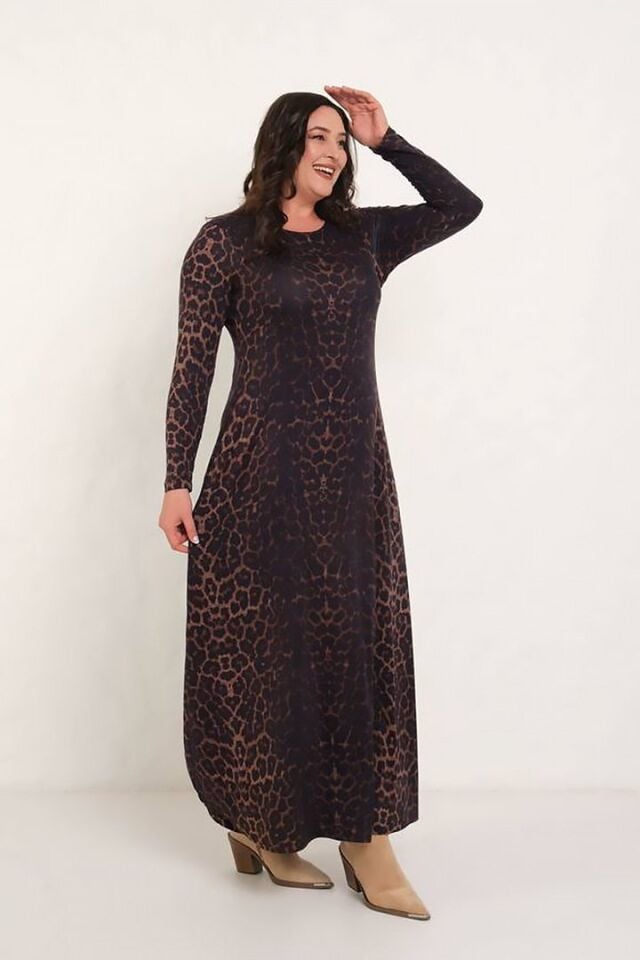 Kadın Leopar Desen Trend Maxi Elbise - Likralı Pamuklu Uzun Kollu