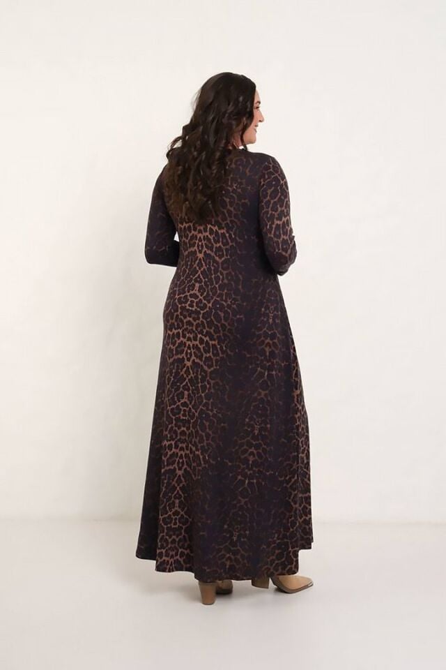 Kadın Leopar Desen Trend Maxi Elbise - Likralı Pamuklu Uzun Kollu