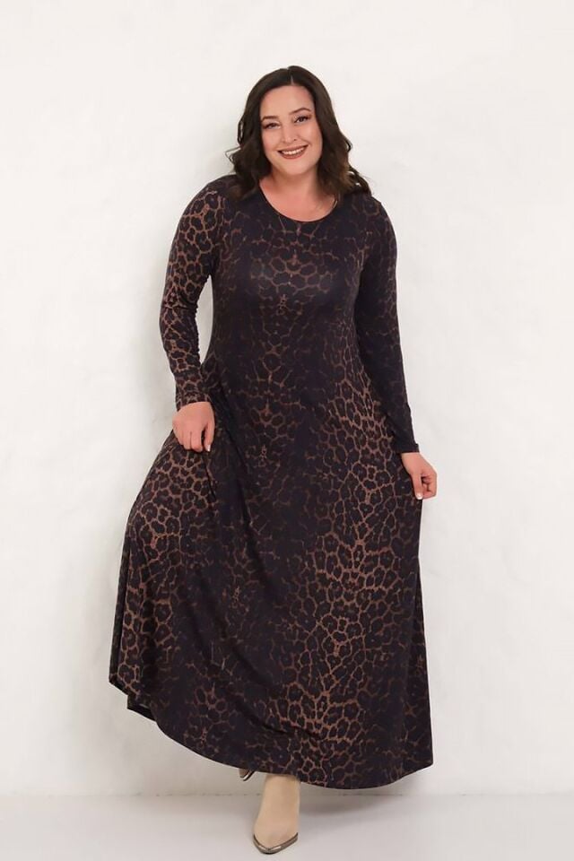 Kadın Leopar Desen Trend Maxi Elbise - Likralı Pamuklu Uzun Kollu