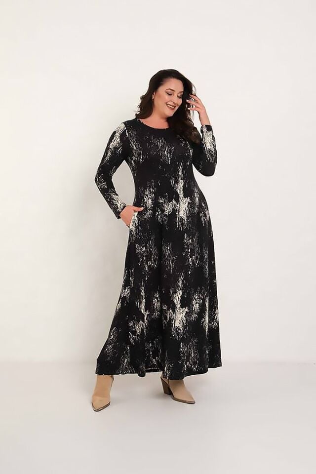 Zamansız Siyah Beyaz Desenli Maxi Elbise - Likralı Kadın Uzun Kollu